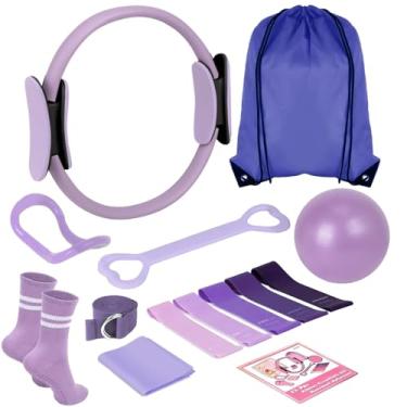 Imagem de Kit de Pilates para exercícios em casa para mulheres - Conjunto de equipamentos de 12 peças com anel, bola de ioga, 5 faixas de resistência, faixa figura-8, esticador de braço, meias aderentes, bolsa