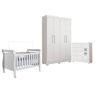 Imagem de Quarto de Bebê com Berço Mini Cama, Cômoda 1 Porta 4 Gavetas e Roupeir