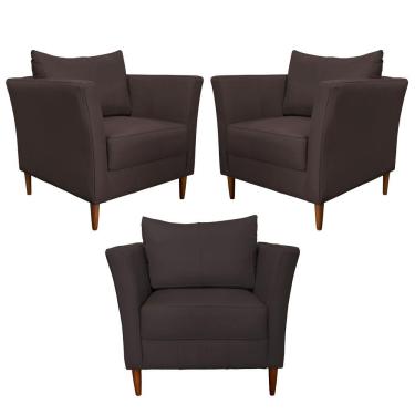 Imagem de Kit 3 Poltronas Decorativa Sala de Estar Pés Palito Lubbock Couro Marrom - Gran Belo