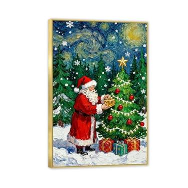 Imagem de Vintage aconchegante Papai Noel arte de parede presentes pintura impressão azul céu estrelado floresta país cabine decoração inverno impressão para sala de estar decoração de parede 105 x 70 cm (41 x