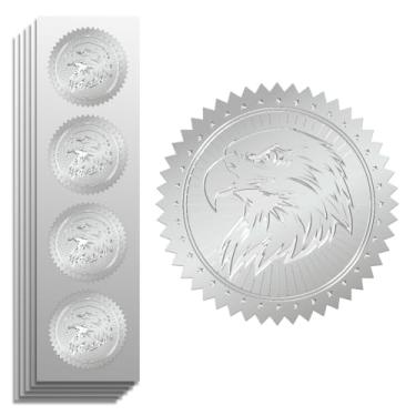 Imagem de Peacoblue Adesivo de folha de prata com águia em relevo 5 cm 100 peças para decoração de cartão de presente de Natal, selos de envelope, convite de festa de família, adesivos em relevo prateados