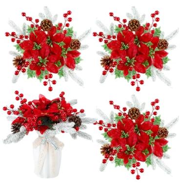 Imagem de Knitgrip 4 peças de centro de mesa de flores de Natal, poinsétias artificiais, decoração de flores, bolas florais falsas com agulhas de pinheiro, pinhas para arranjo de férias de inverno, enfeites de