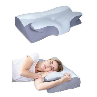 Imagem de Travesseiro cervical de espuma viscoelástica, travesseiro de suporte de pescoço contornado 2 em 1 para alívio da dor, travesseiro ergonômico refrescante para dormir de estômago nas costas laterais com