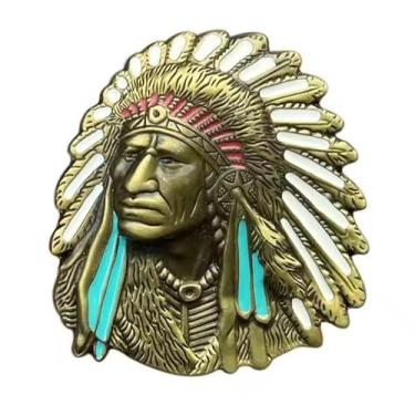 Imagem de Arte Nativa Decorativa em Metal, Pingente de Parede Vintage, Bronze com Detalhes em Turquesa e Rosa, Estilo Tribal Indígena