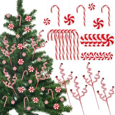 Imagem de Yunlly 52 peças de enfeite de bengalas de doces de Natal para presente de sinos de lã, enfeite de pendurar doces falsos com arame de cristal, palitos de árvore de Natal para decoração de árvore de