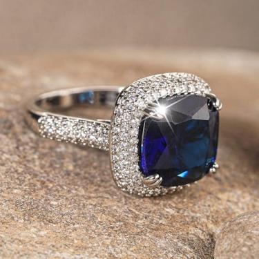 Imagem de Anéis de noivado de zircônia cúbica azul folheados a prata, alianças de compromisso, festas noturnas, presentes de dia dos namorados, alianças de eternidade para mulheres, 9, Cobre, Sem pedra preciosa