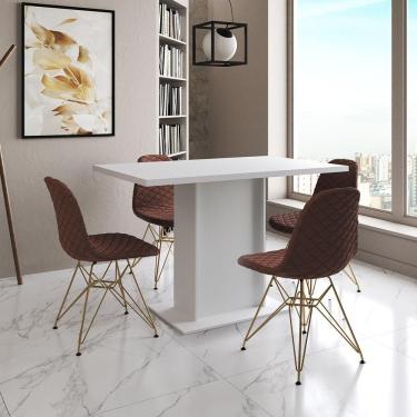 Imagem de Mesa Jantar Londres Tampo Branco 120Cm 4 Cadeiras Base Dourado Estofado Caramelo