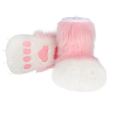 Imagem de hbbhml Pantufas felpudas de animais, urso, gato, lobo, cachorro, raposa, pele, pés, patas e garras, acessórios de fantasia para adultos e crianças, Rosa 2, One Size