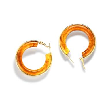 Imagem de Brincos de argola ovais de resina âmbar dourada para mulheres modernos, banhados a ouro 18 K, marrom, hipoalergênico, ouro amarelo, grosso, leve, médio/grande/grande, presente de aniversário., Large