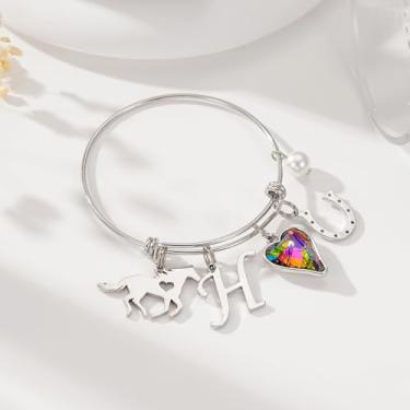 Imagem de Pulseiras de prata esterlina com pingente de inicial para mulheres, presentes de coração, cavalo, ferradura, tamanho ajustável, letra A-Z, aço inoxidável, não mancha, à prova d'água, joias de