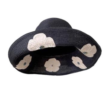 Imagem de Chapéu de pescador feminino para viagem de verão protetor solar patch de sombra pequena flor borda grande bacia chapéu de sol preto M 56-58 cm