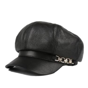 Imagem de Chapéu feminino octogonal de inverno britânico retrô boina de couro genuíno mujer flores gorros de corrente dourada, Preto estilo 3, 57 58 cm