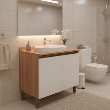 Imagem de Gabinete para Banheiro 80cm com Tampo 2 Portas Macadâmia Branco / Freijó