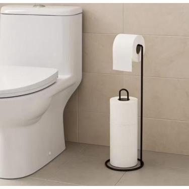 Imagem de Porta Papel Higiênico de Chão Moderno em Ferro Preto Suporte e Armazen