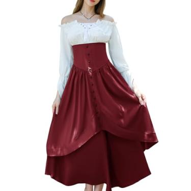 Imagem de Conjunto de saia com botões de cintura alta inspirada na era vitoriana para fantasias renascentistas femininas, Vermelho, XGG