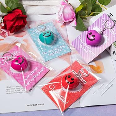 Imagem de Haooryx 28 Packs Heart Shape Stress Ball Keychains with Valentine's Day Greeting Cards, Heart Smile Face Stress Balls Gift Card for Classroom Gifts Exchange School Reward Prize Valentines Party Favor