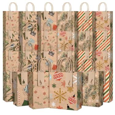 Imagem de Tinlade 24 peças de sacos de presente de Natal Kraft com etiquetas de presente, 15 x 21 x 8 cm, sacos de doces com alças, lembrancinhas de festa de Natal (estilo festivo)