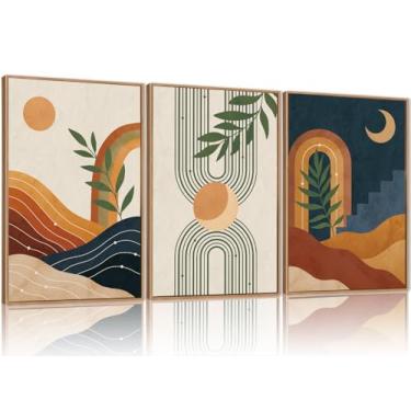 Imagem de FWIEXA Conjunto de 3 arte de parede em tela emoldurada vintage Boho natureza, minimalista, geométrico, sol, lua, pintura, folha verde, 61 x 91 cm, arte moderna bege azul marinho para sala de estar