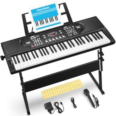 Imagem de Teclado de piano com 61 teclas com suporte, kit de teclado de piano elétrico portátil para iniciantes com suporte, microfone, adesivos de notas, descanso de música, alto-falantes integrados com