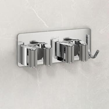 Imagem de Organizador de vassoura de aço inoxidável com dois ganchos, adesivo autoadesivo, suporte de vassoura, fixado na parede com clipe de esfregão para cozinha, banheiro, armário, jardim, garagem, (preto)