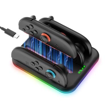 Imagem de EJGAME Base de carregamento 4 em 1 compatível com Nintendo Switch 2 para Joy Con 2 com indicação LED, estação de carregamento com cabo de carregamento (preto)