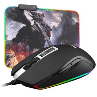 Imagem de Kit Mouse Gamer Iluminação Rgb Com Fio 2400 Dpi 1000hz 7 Botões + Mousepad Gamer RGB Antiderrapante Luz Led Cavaleiro 35x25cm Borracha Natural Conforto e Estabilidade Combo
