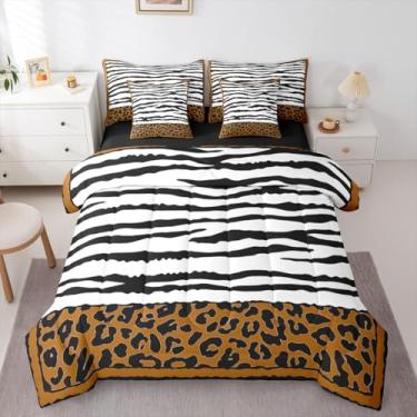 Imagem de Feelyou Conjunto de edredom Queen com listras de zebra, para crianças, meninos, meninas, estampa de leopardo, 7 peças, cama de pele de zebra de guepardo em um saco, estampa de animal selvagem