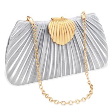 Imagem de YBMYCM Bolsa clutch para noite feminina, portátil com fecho de concha, elegante bolsa de seda para casamento, formatura, jantar de luxo, Prata