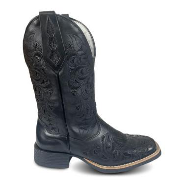 Imagem de Bota Feminina Texana Country Couro Legítimo Paint Horse, Preto, 39