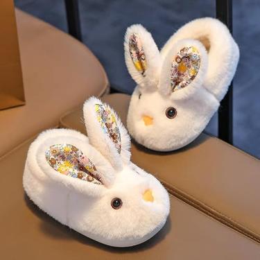 Imagem de Pantufas infantis para meninos e meninas, chinelos fofos para casa, interior, inverno, quarto, antiderrapante, sapatos de coelho macios, Branco, 8-9 Toddler