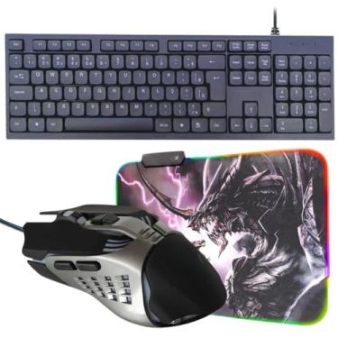 Imagem de Kit Teclado USB para Computador Padrão ABNT2 Preto + Mouse Gamer 4000dpi Com Fio + Mousepad Gamer RGB Antiderrapante Luz Led 35x25cm