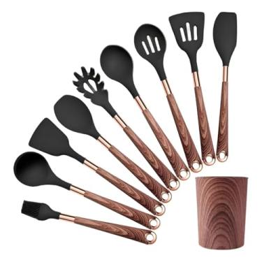 Imagem de Kit UtensíLios de Cozinha Silicone de 11，Colher de Silicone Para Cozinha Preto ，Cabo de Madeira，Esteticamente AgradáVel e Elegante，Adequado para Cozinhar Todos Os Tipos de Iguarias(Preto)