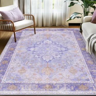 Imagem de RELEANY Tapetes de área 1,5 x 18 m, lavável, antiderrapante, estampa floral, vintage, tapete medalhão para sala de estar, quarto, sala de jantar, roxo claro e marrom