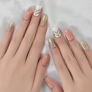 Imagem de 24 peças de unhas postiças quadradas curtas brilhantes de Natal ouro rosa glitter unhas postiças ponta francesa acrílico cobertura completa cola em unhas para mulheres, acabamento de férias