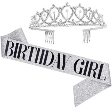Imagem de Kit de faixa de aniversário e tiara ouro rosa prata glitter faixa "Birthday Girl" folha preta prata glitter lembrancinhas de festa para Sweet 16 18th 21st 30th 50th Bday Party Headband