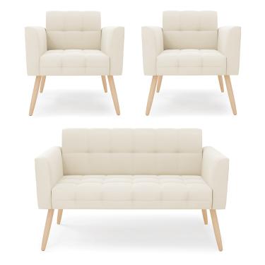 Imagem de Kit 1 Sofá Namoradeira e 2 Poltronas Elisa Veludo Bege Pés Palito Natural D03 - D'Rossi