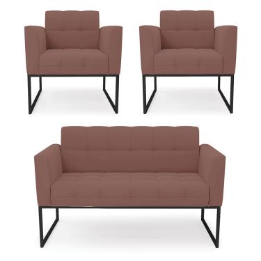 Imagem de Kit 1 Sofá Namoradeira e 2 Poltronas Elisa Veludo Rosê Base Metálica Industrial Preto D03 - D'Rossi