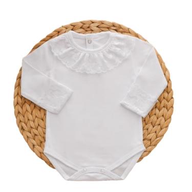 Imagem de Body Para Bebê Meninas Luxo Algodão Manga Longa Gola Bordada