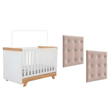 Imagem de Kit Berço E Cabeceira Capitonê Retrô Peroba Branco Amêndoa