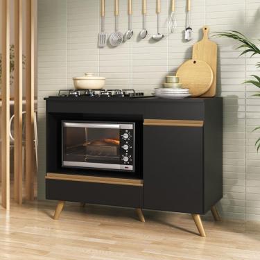 Imagem de Balcão Para Cooktop E Forno 105cm 1 Porta 1 Gaveta Veneza Multimóveis Mp2258 Preto Dourado