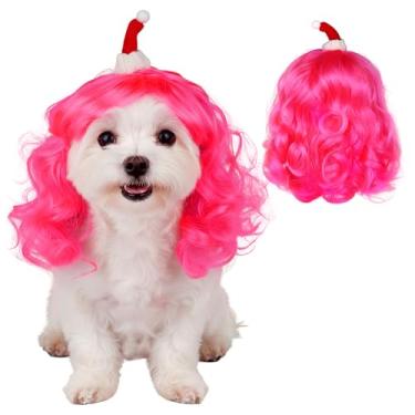 Imagem de Miayon Peruca de Natal para cães e gatos, fantasias de cosplay para cães pequenos, médios e grandes (rosa)