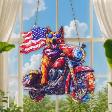 Imagem de Cão motociclista americano: ornamento acrílico patriótico da bandeira americana, 10 cm, Memorial Day, decoração do dia da independência de 4 de julho, lembrança militar, decoração suspensa do orgulho
