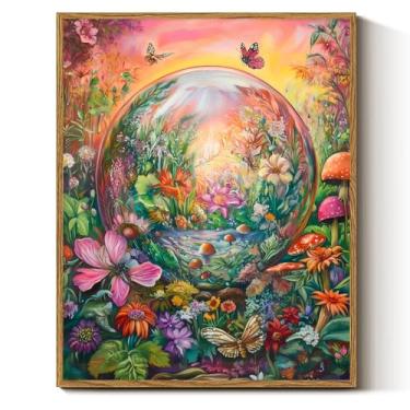 Imagem de Arte de parede em tela com tema de conto de fadas, arte floral brilhante, pôster colorido de jardim, imagens de floresta, pôster de cogumelo, pintura botânica colorida, decoração de paisagem, sala de