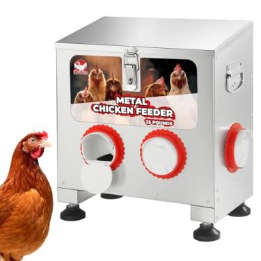 Imagem de Alimentador de frango galvanizado de 4 portas de 11 kg, sem desperdício, com tampa de bloqueio e alças rebitadas, altura ajustável, alimentadores automáticos de galinha de grande capacidade à prova de