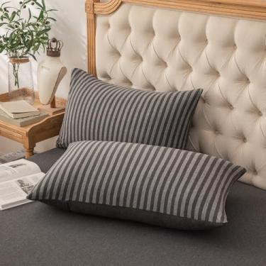 Imagem de PURE ERA Fronhas de malha jersey 100% algodão super macio confortável respirável, conjunto de 2, King 50,8 cm x 91,4 cm, cinza escuro carvão listrado