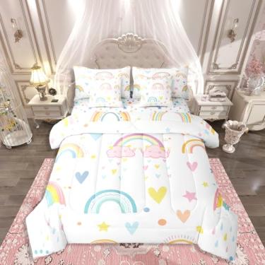 Imagem de Erosebridal Jogo de cama fofo de arco-íris em uma bolsa, tamanho casal, kawaii, coração, desenho animado, nuvem, 7 peças, arco-íris, colorido, para quarto de meninas e mulheres