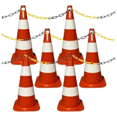 Imagem de Kit 6 Cones de Sinalização 50cm com 6m de Corrente – Demarcação de Área Segurança e Isolamento (Laranja/Branco)