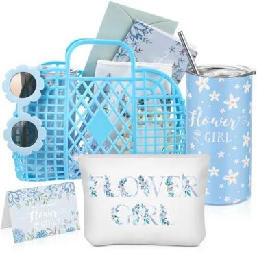 Imagem de Ninehaoou Conjunto de 10 peças de cesta de geleia para meninas de flores, óculos de sol, bolsa de maquiagem, prendedor de cabelo, cartão de proposta com envelope de caneta, bolsa de plástico para chá
