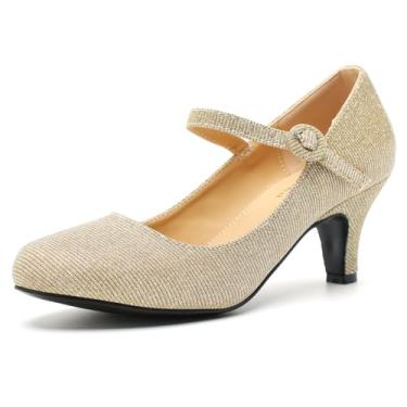 Imagem de Sapato feminino vintage Mary Jane vestido confortável salto baixo gatinho tira no tornozelo fechado bico redondo trabalho escritório casamento bombas, Glitter dourado, 36