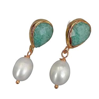 Imagem de Brincos de pérola de arroz branco cultivado em forma de lágrima verde amazonita borda dourada estilo escritório para mulheres
